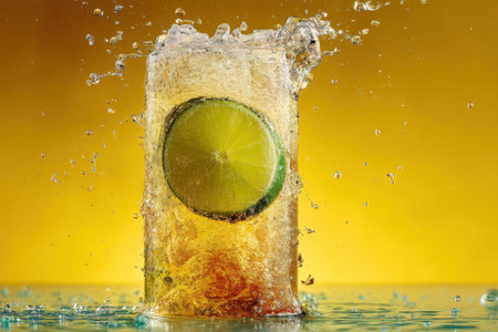 Cocktail with lime, ice cubes and water splash on yellow backgroundの素材