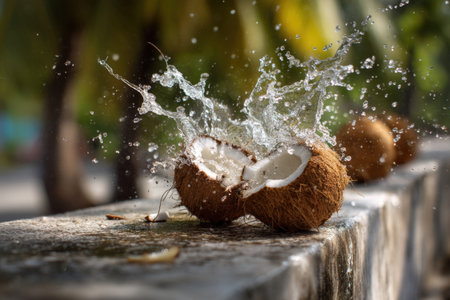 Coconut splashing with water on the wooden table in the gardenの素材
