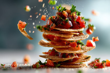 Close up of a stack of bruschetta with red caviarの素材