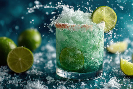 Mojito cocktail with lime and ice on a blue background.の素材