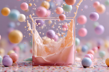 Colorful candies falling into glass of milk with splashes, closeupの素材