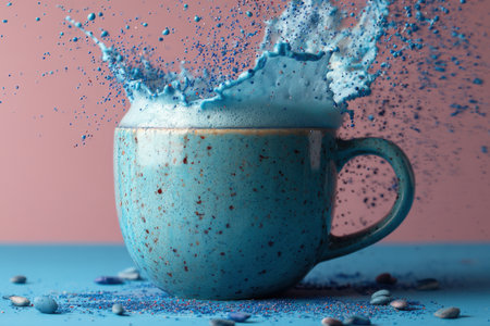 Cup of coffee with splashes on color background, closeupの素材