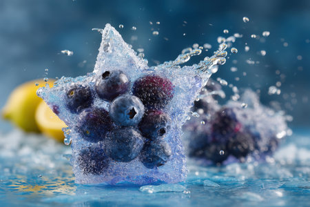 Blueberries and blackberries in ice cubes with water drops on blue backgroundの素材