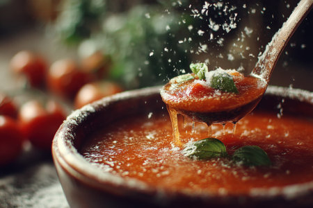 Tomato soup in a clay bowl with a wooden spoon, selective focusの素材