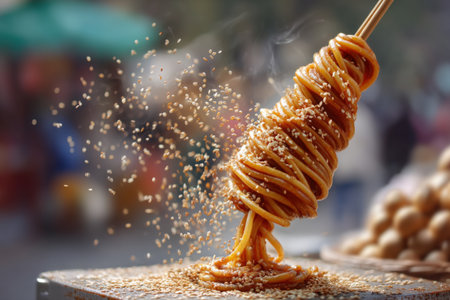 Spaghetti with sesame seeds on street food stall, closeupの素材