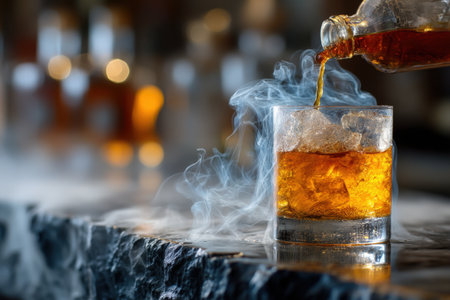 Whiskey with ice on a stone table in the bar.の素材