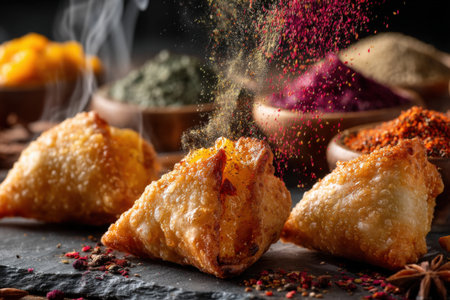 Close-up of turkish traditional food samosas on dark background.の素材