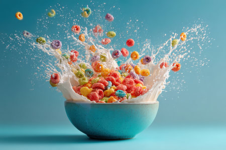 Colorful cereal balls falling into blue bowl with splash on blue backgroundの素材