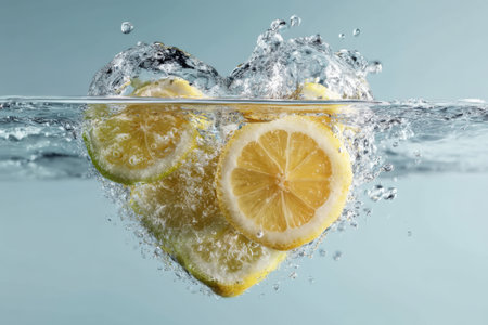 Fresh lemon falling into water with splash on blue background, closeupの素材