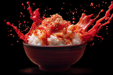 japanese food, kimchi with rice on a black backgroundの素材