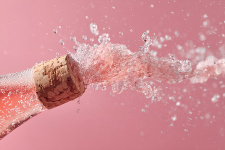 Champagne bottle with splashing water on pink background, closeupの素材