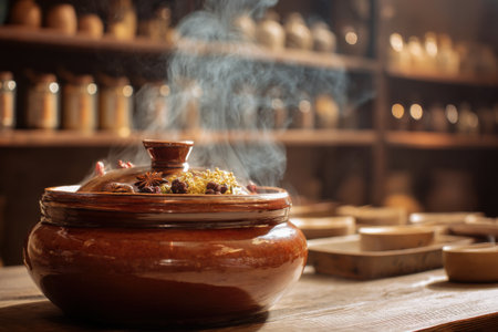 Ceramic pot with spices and herbs on a wooden table.の素材