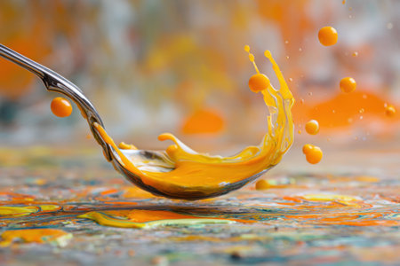 Spoonful of orange paint splashing on a colorful background.の素材