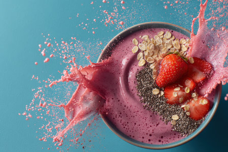 Strawberry smoothie with chia seeds and milk splash on blue backgroundの素材