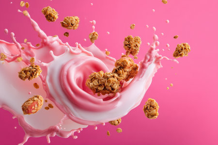 Milk splashing with cereal balls on pink background, closeupの素材