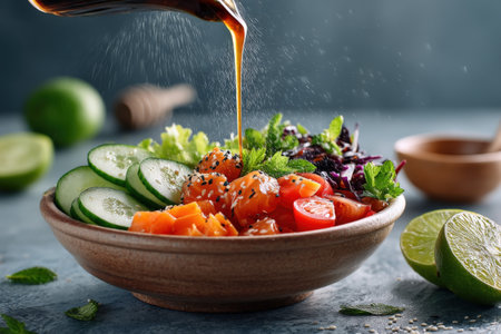 Salmon poke bowl with cucumber, tomato and sesame seedsの素材