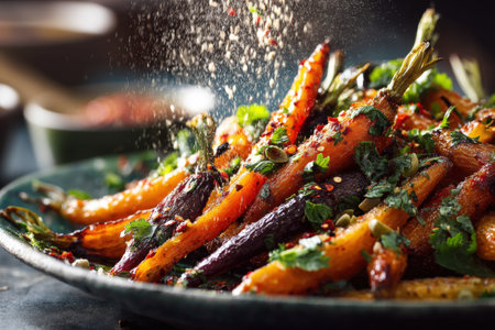 Roasted carrots with asparagus and chilli sauce, selective focusの素材