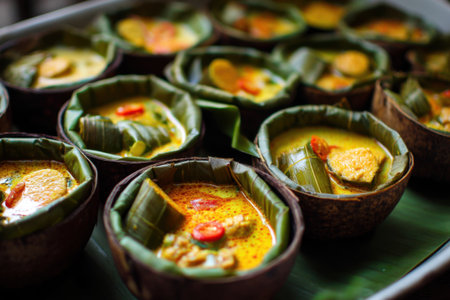 Thai food in a banana leaf with coconut milk and curry.の素材