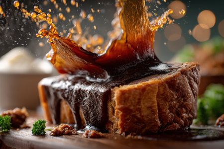 Pouring maple syrup on a piece of bread, close-upの素材