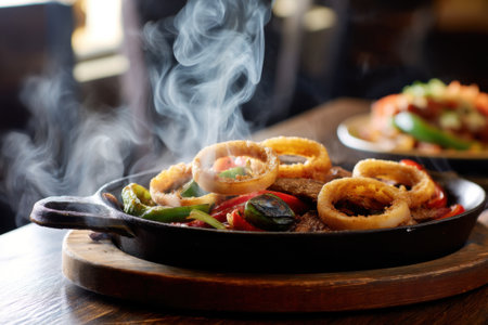 Fried squid rings with vegetables in a pan on a wooden tableの素材