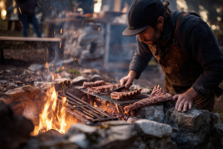 A man in a cap and a black T-shirt prepares meat on the fire.の素材