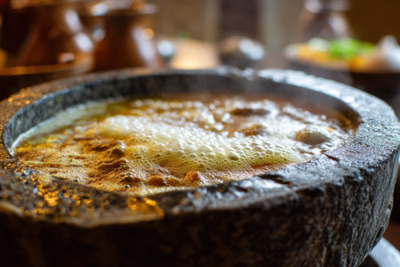 Close up of hot pot with rice and egg on wooden table.の素材