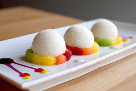 Fruit ice cream balls on white plate in restaurant, stock photoの素材
