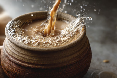 Pouring hot coffee into clay pot, closeup view with copy spaceの素材