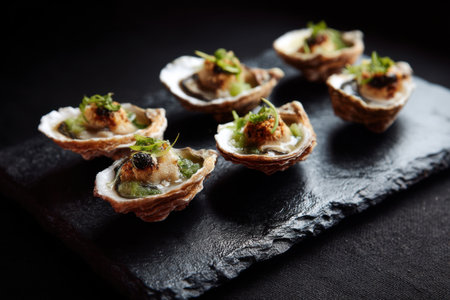 Tartlets with cheese and vegetables on a black background. Restaurantの素材