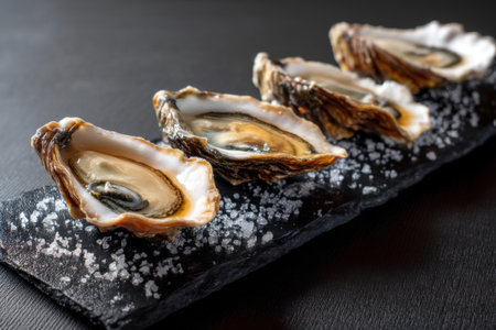 Fresh oysters on black stone plate, close-up, horizontalの素材