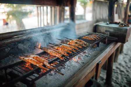 Grilled salmon on a charcoal grill. Thai style food, Thailandの素材