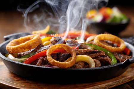 Grilled beef fillet with onion rings and vegetables in a frying panの素材