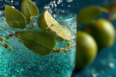 close up of a glass of water with lime and leaves on blue backgroundの素材