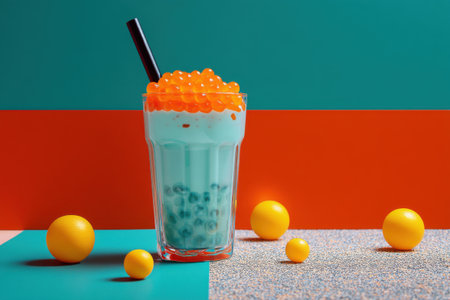 A glass of bubble tea with a straw and yellow balls on a blue-red background.の素材