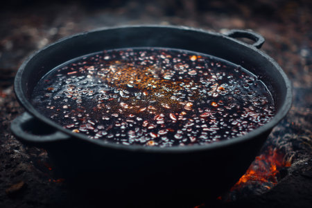 black pot with black caviar on the background of a campfireの素材