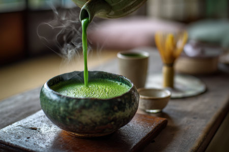 hot matcha green tea in ceramic cup on wooden table, stock photoの素材