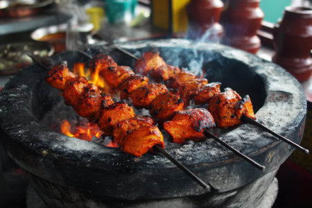 Chicken kebab on a barbecue grill. Shish kebab on skewersの素材