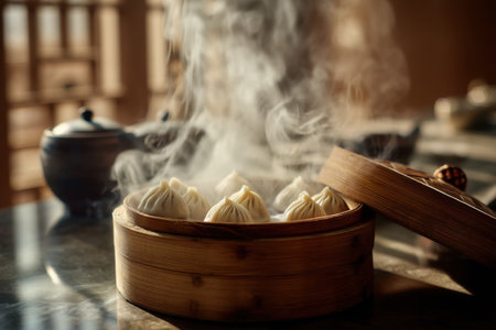 Steamed dumplings in bamboo steamer on table, closeupの素材