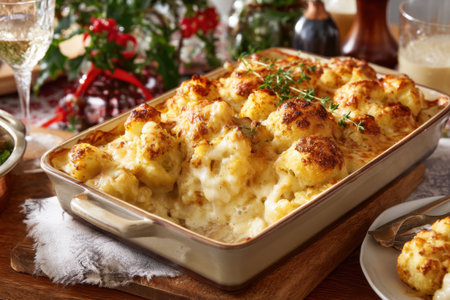 Cauliflower gratin with cheese and herbs in baking dish.の素材