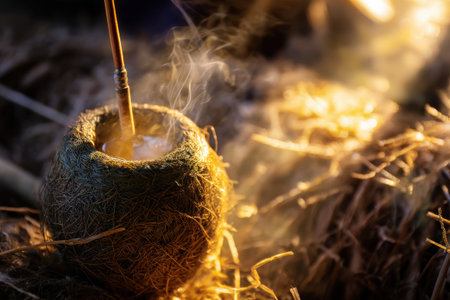 Burning coconut oil in a coconut shell on a straw background.の素材