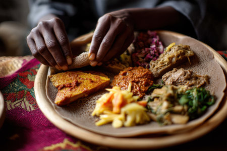 Traditional oriental food in a plate, close-up of handsの素材
