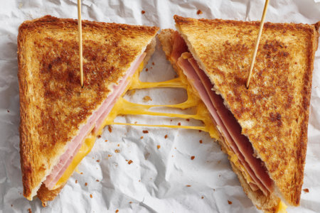 Sandwich with ham and cheese on crumpled paper, top viewの素材