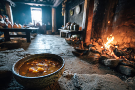 Traditional Turkish soup in a clay pot on the background of a fire.の素材