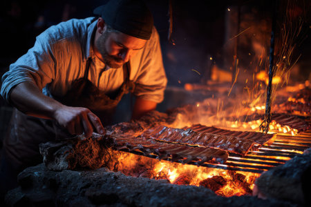 Man cooking meat on barbecue grill at night. Close-up.の素材