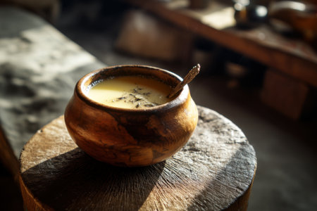 Cup of tea with a spoon on a wooden table in a cafeの素材
