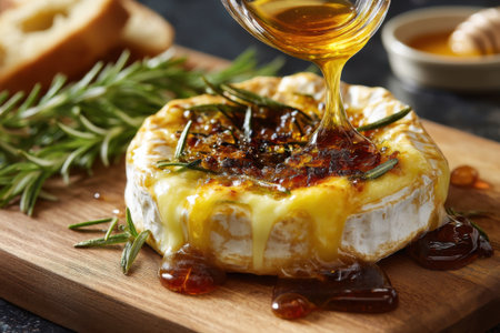 Camembert cheese with honey and rosemary on a cutting boardの素材