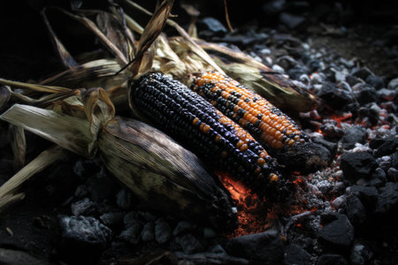 Grilled corn on the cob on a campfire. Black background.の素材