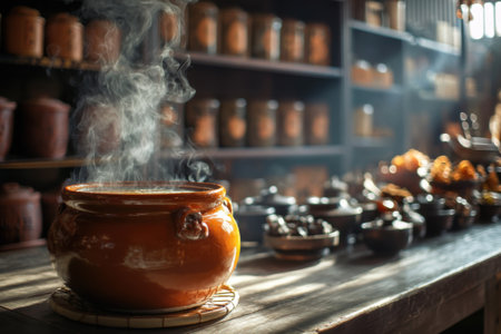 Cooking pot on a wooden table in a pottery workshop.の素材