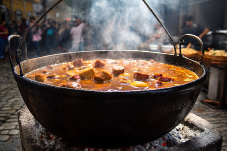 Traditional Spanish paella with meat in a cauldron on the streetの素材