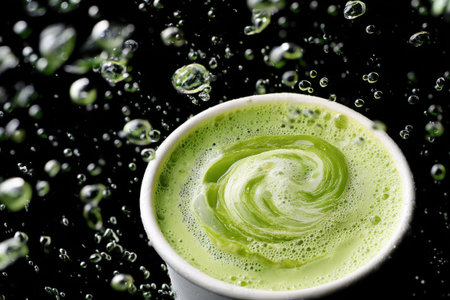Matcha latte in white cup on black background with water dropsの素材